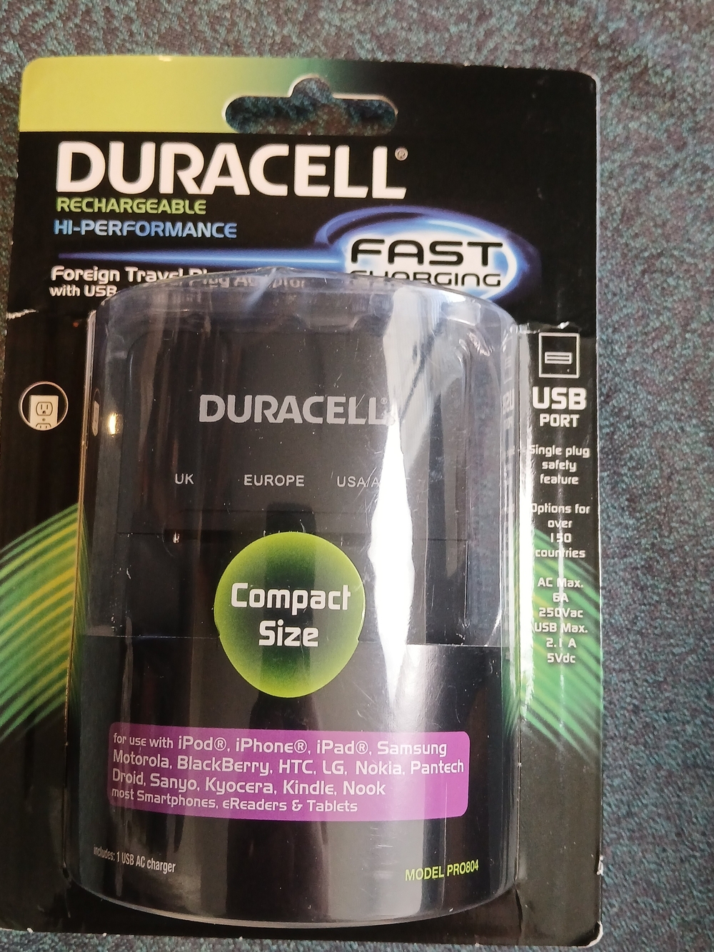 Duracell Compact Travel Plug Adapter - Black